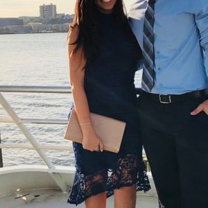 High neck navy high low lace midi dress